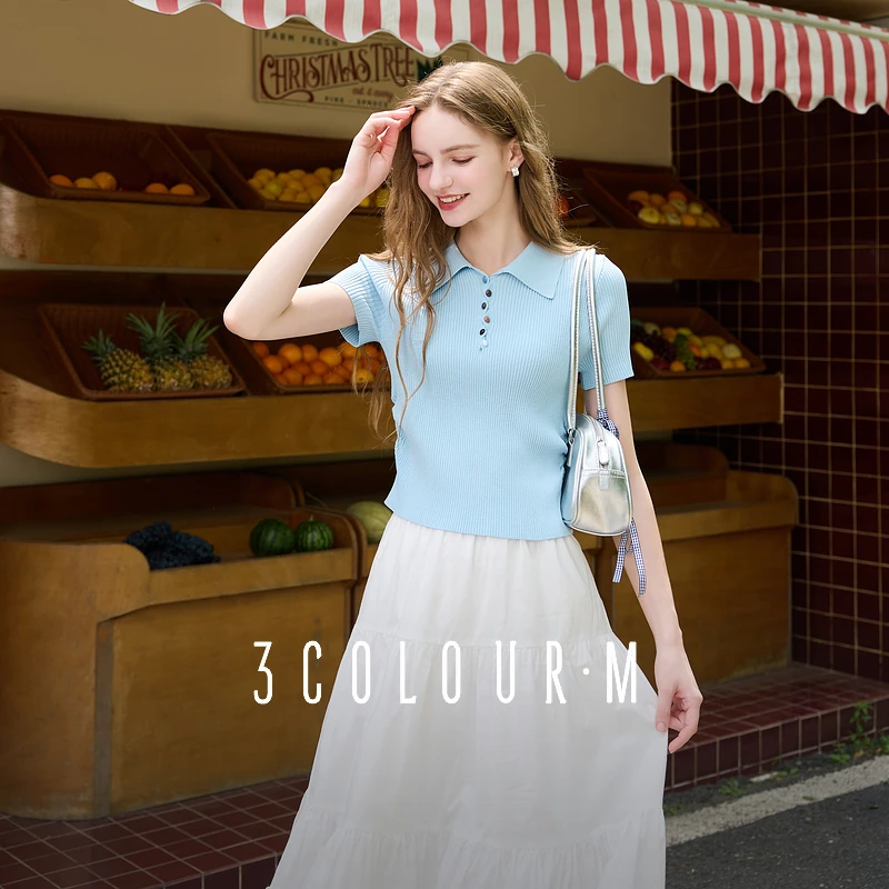 三彩2025夏季新款纽扣翻领修身抽皱收腰针织衫短款套头衫短袖女M