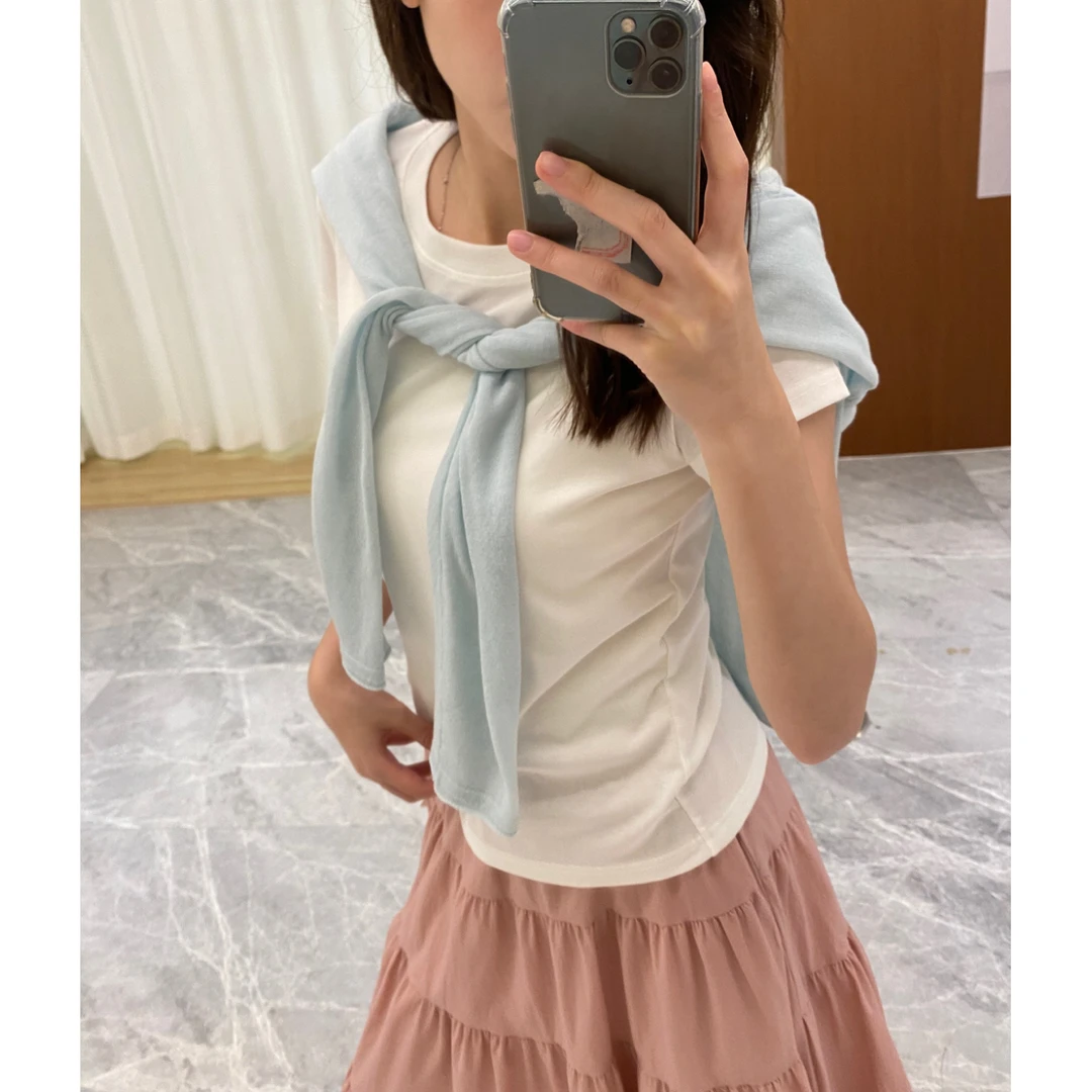 X260#冰凉~简约夏季修身显瘦圆领小飞袖短袖T恤