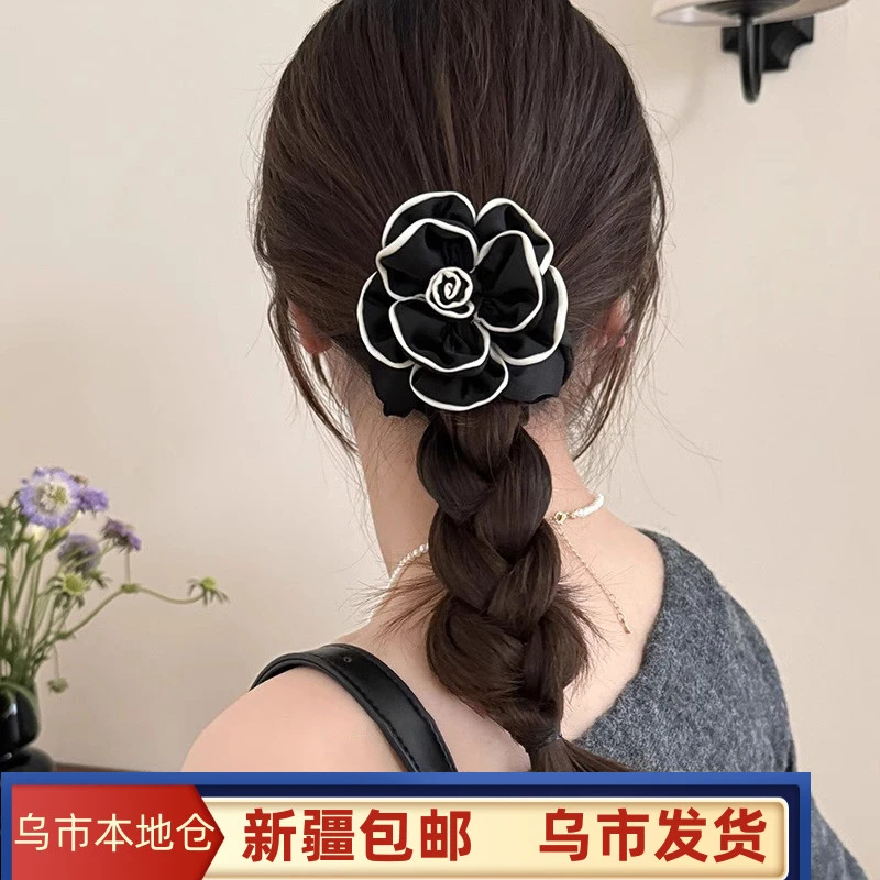 新疆包邮气质山茶花头绳缎面高级感时尚发圈高弹力耐用皮筋女马尾