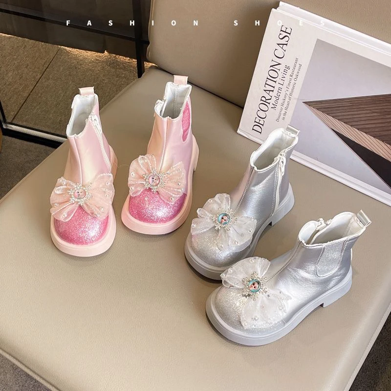 女童甜美水钻短靴2025秋冬新款单里爱莎公主鞋 装饰掉了没有售后