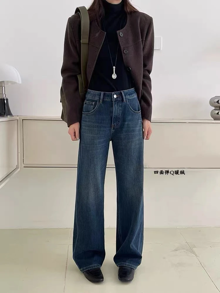 SU【881】代85  愫洒  女冬季森调弹力Q暖绒蓝色窄版阔腿裤