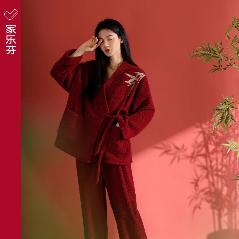 家乐芬大红色睡衣女士秋冬季冬款半边绒加绒加厚家居服蛇年本命年