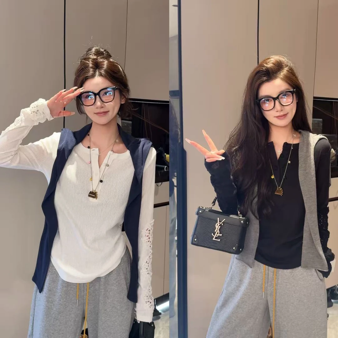 【小鹿】2025秋季新款V领纽扣袖口镂空设计纯色休闲长袖T恤S2413