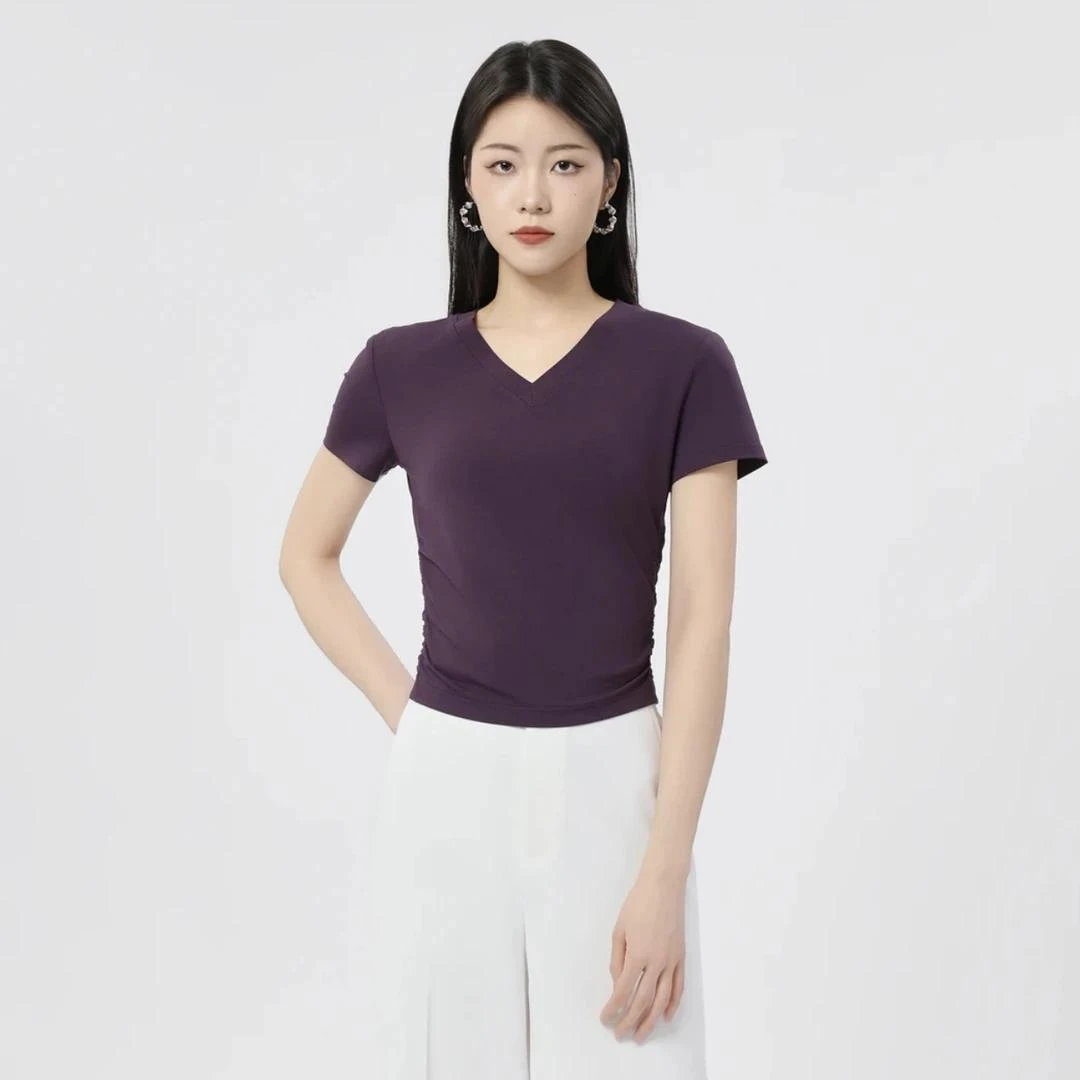 GIRDEAR/哥弟夏季冰丝薄款捏褶收腰瘦瘦t休闲V领短袖T恤女1300888