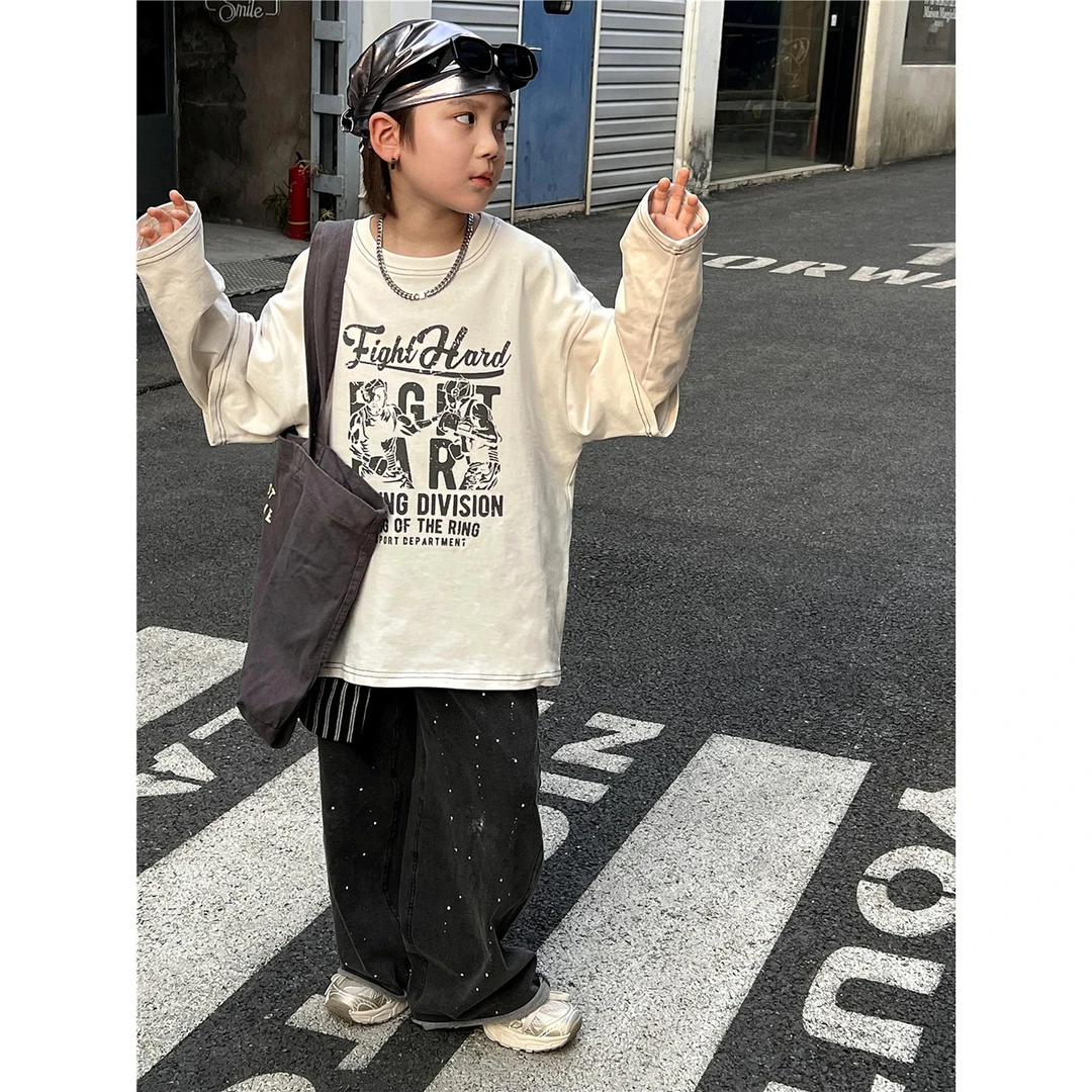 2025春款儿童假两件打底衫 美式复古明线撞色男女童洋气长袖T恤潮