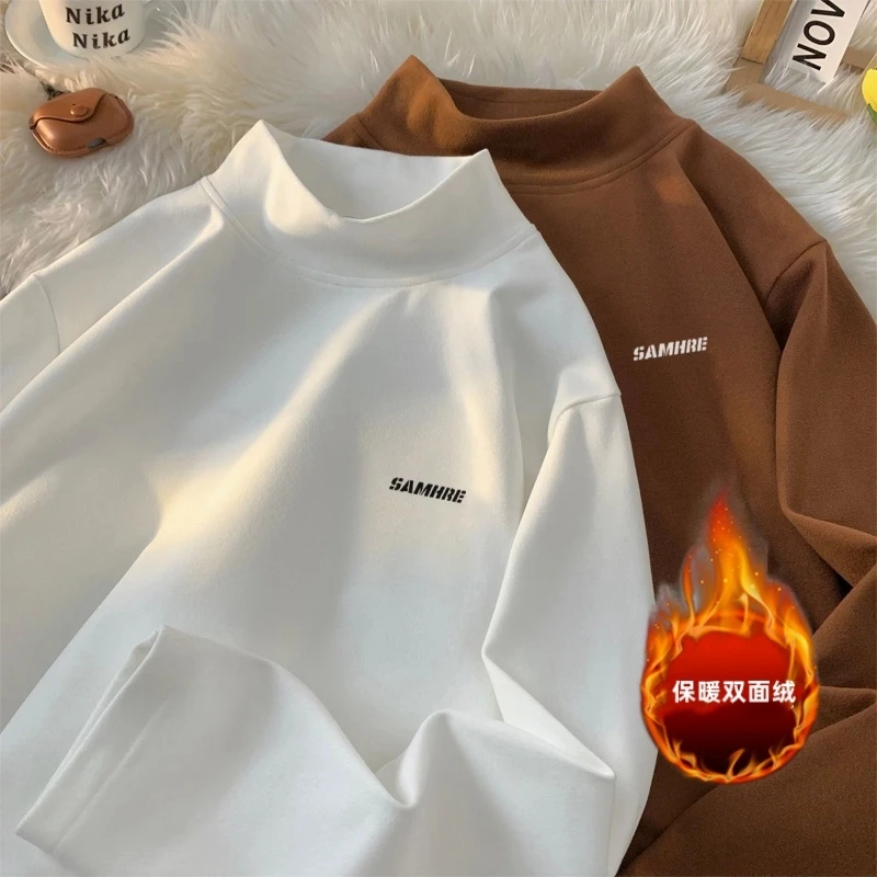 【男生保暖】双面绒半高领长袖T恤衫青少年宽松潮流秋冬上衣打底