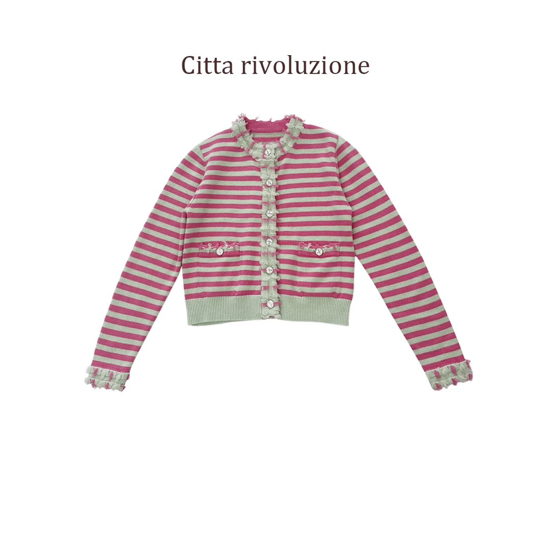 就一点点同步木巨 | 香香条纹撞色花边圆领开衫 272