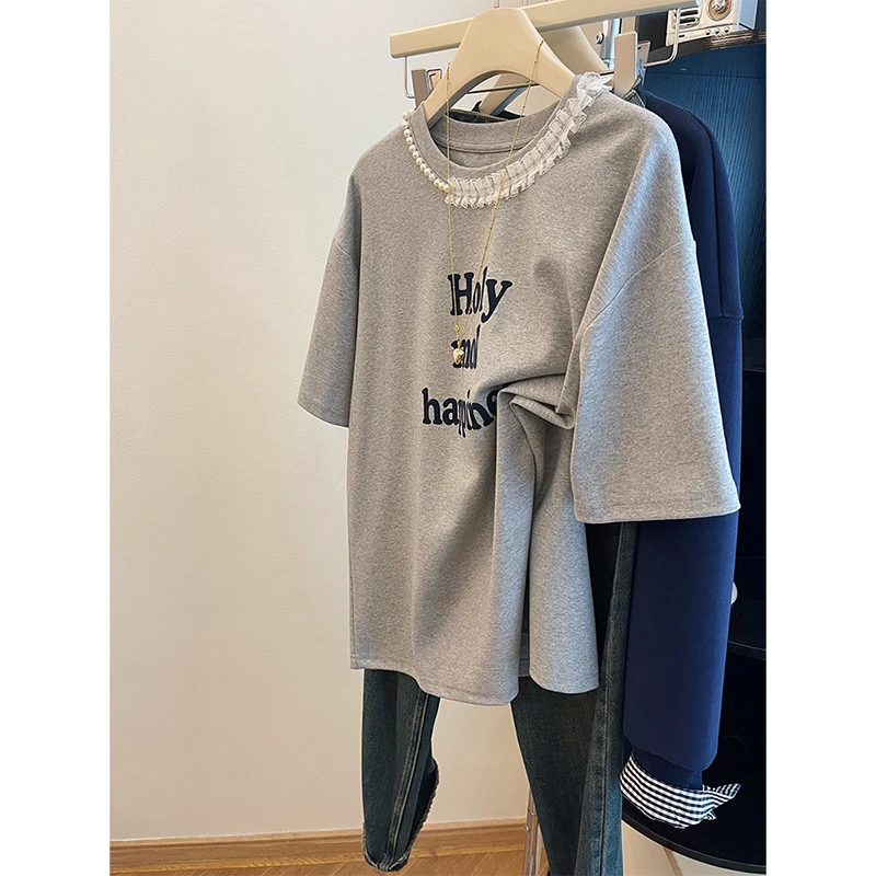 灰色刺绣钉珠圆领短袖t恤女2025春季新款美式复古半袖内搭打底衫