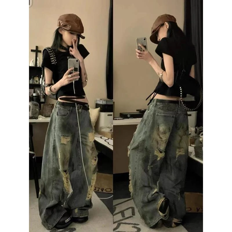 美式辣妹复古水洗高腰泼墨破洞牛仔裤女夏款宽松显瘦阔腿拖地长裤