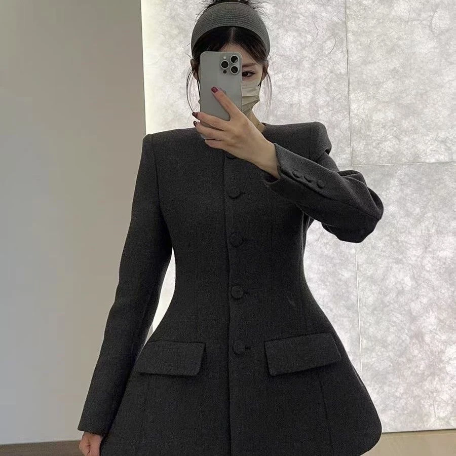 22899大码秋冬气质圆领收腰西装外套显瘦毛呢上衣裤裙两件套