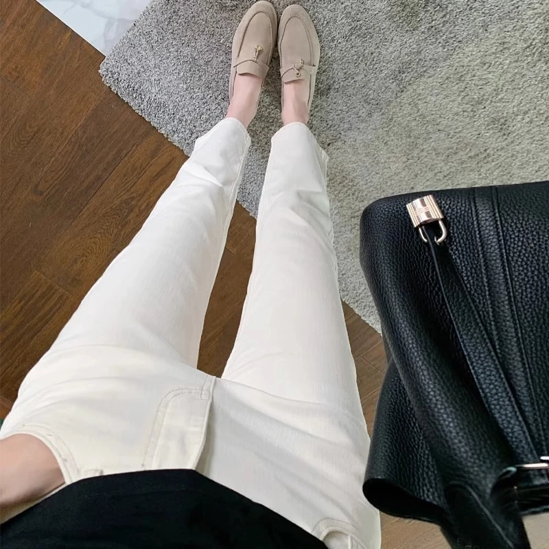 白色直筒牛仔裤女2025春夏季新款百搭修身显瘦弹力八九分烟管裤子