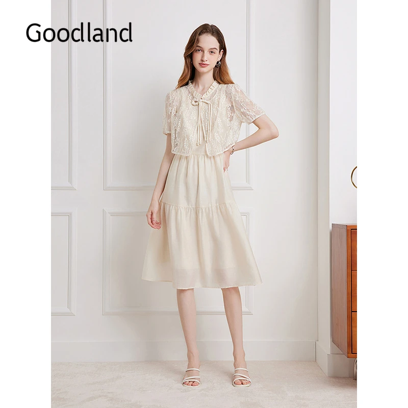 Goodland美地女装2025夏季新款法式木耳领蕾丝拼接假两件连衣裙