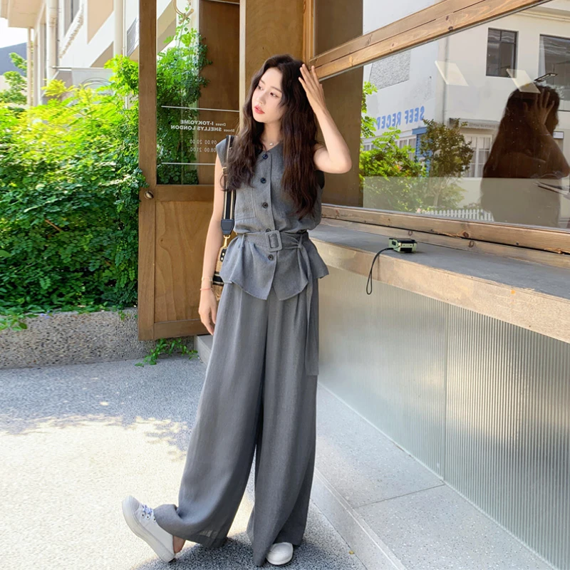 松弛感御姐范无袖马甲阔腿裤2025夏季新款韩系极简老钱风显瘦套装
