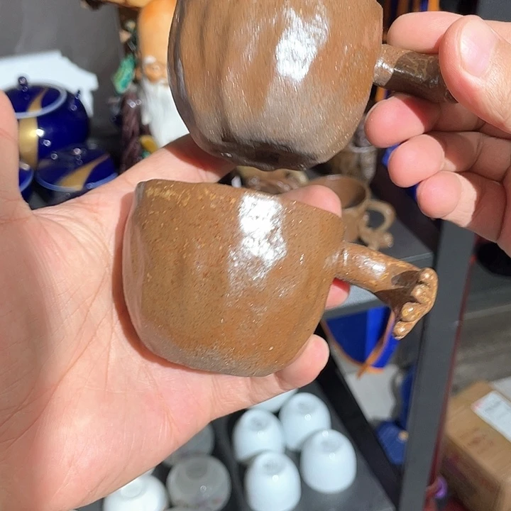 琉***児紫砂214手写款老柴烧手绘老青花异形壶承杯垫