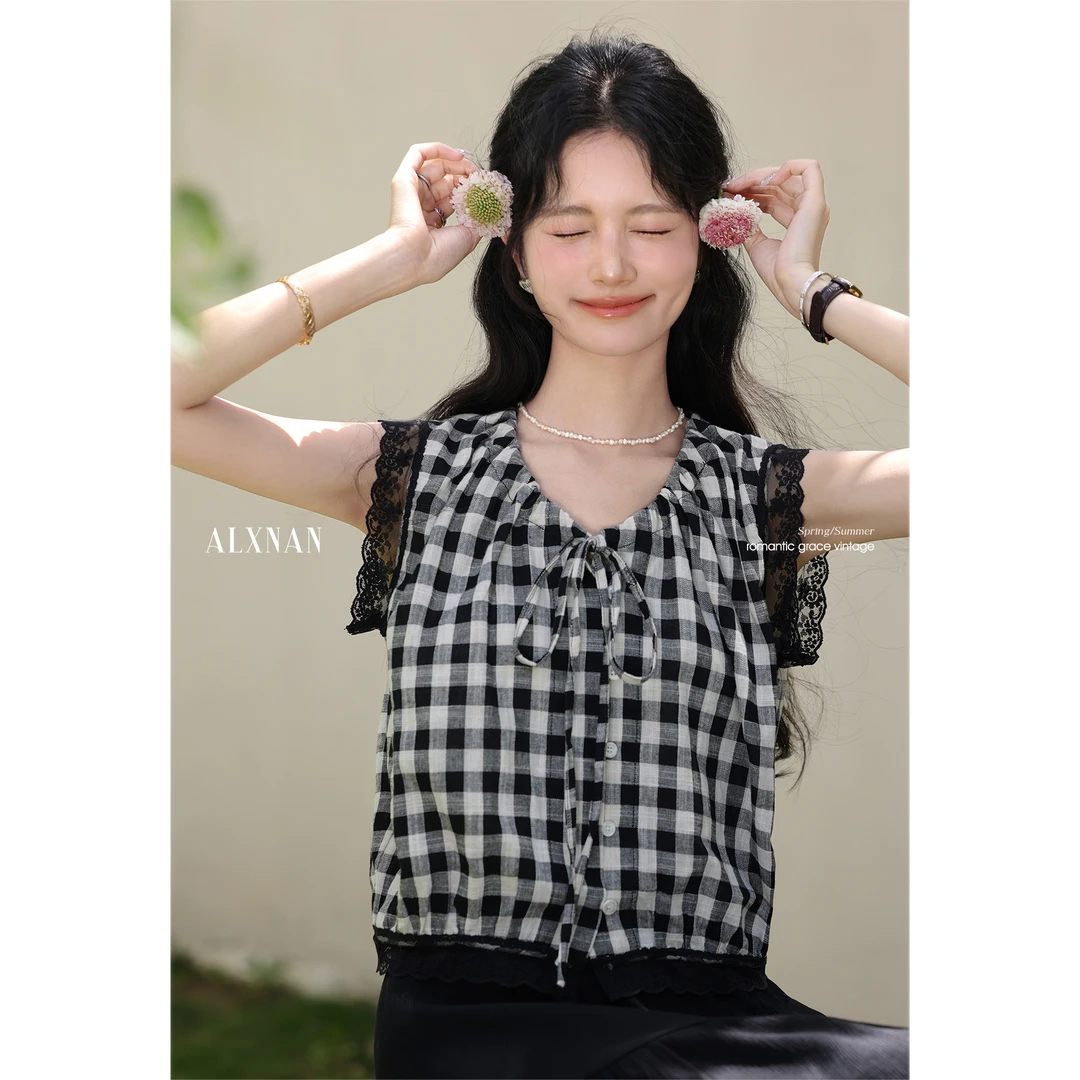 【粉丝福利】鹿向南「青春香颂」气质黑白格纹蕾丝背心吊带女夏L55723