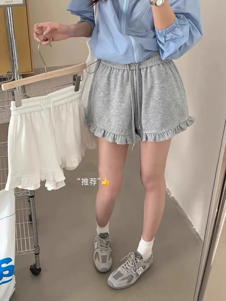 夏季设计感韩系木耳边高腰抽绳显瘦休闲短裤女A字运动裤