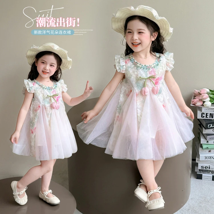 女童连衣裙2025新款洋气夏季薄款儿童裙子女孩碎花裙小飞袖棉布裙