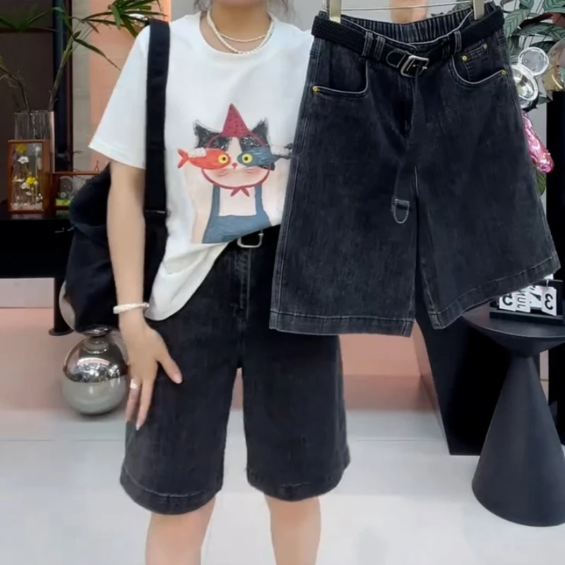 黑灰色高腰牛仔短裤女夏季新款大码胖mm显瘦小个子阔腿五分中裤子