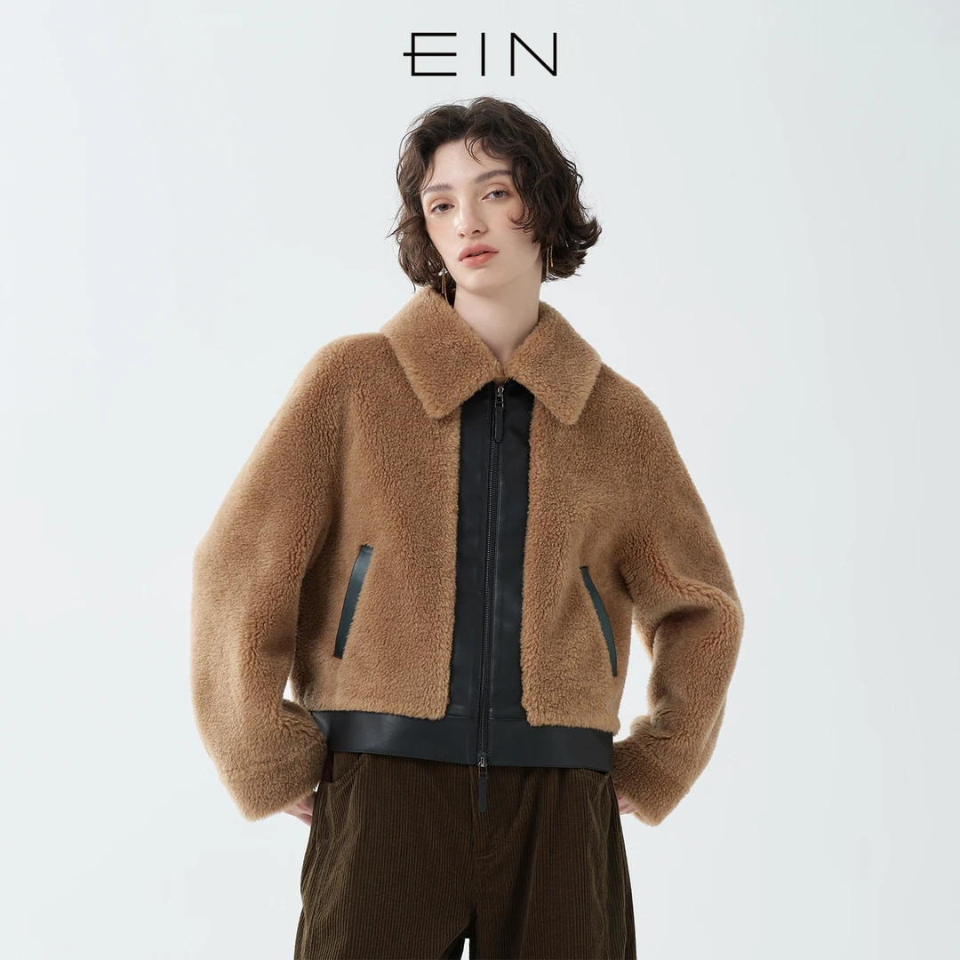 EIN/言游牧风绵羊毛绒翻领拉链弯刀袖复古短外套2025早秋新款