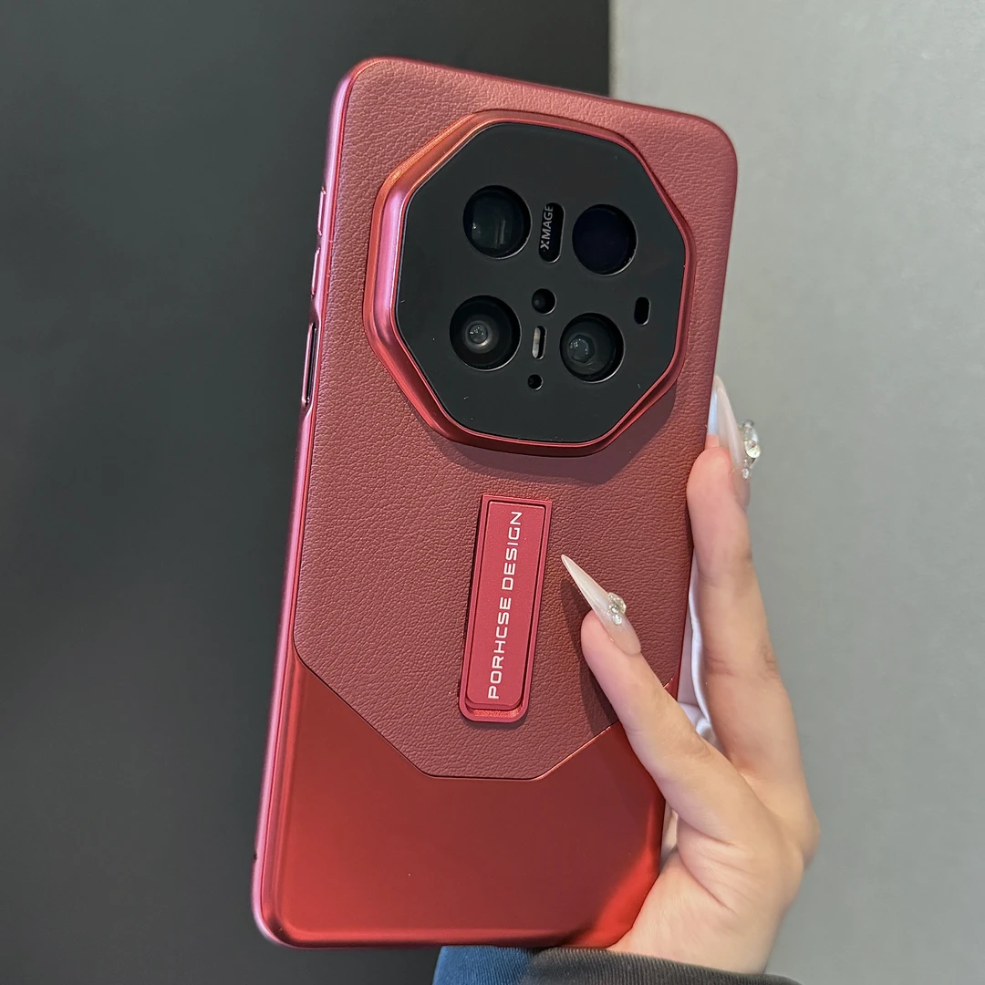 适用华为mate70rs非凡大师手机壳电镀皮纹隐形支架全包防摔保护套