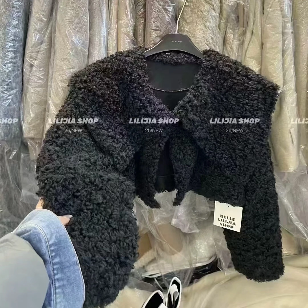 新品大翻领毛毛外套纯色通勤短外套时尚百搭