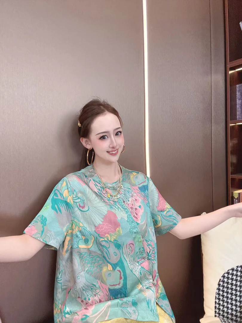 【沐木家】“彩鹦”夏季国风藏肉显瘦花萝锦缎短袖斜襟上衣66923-6