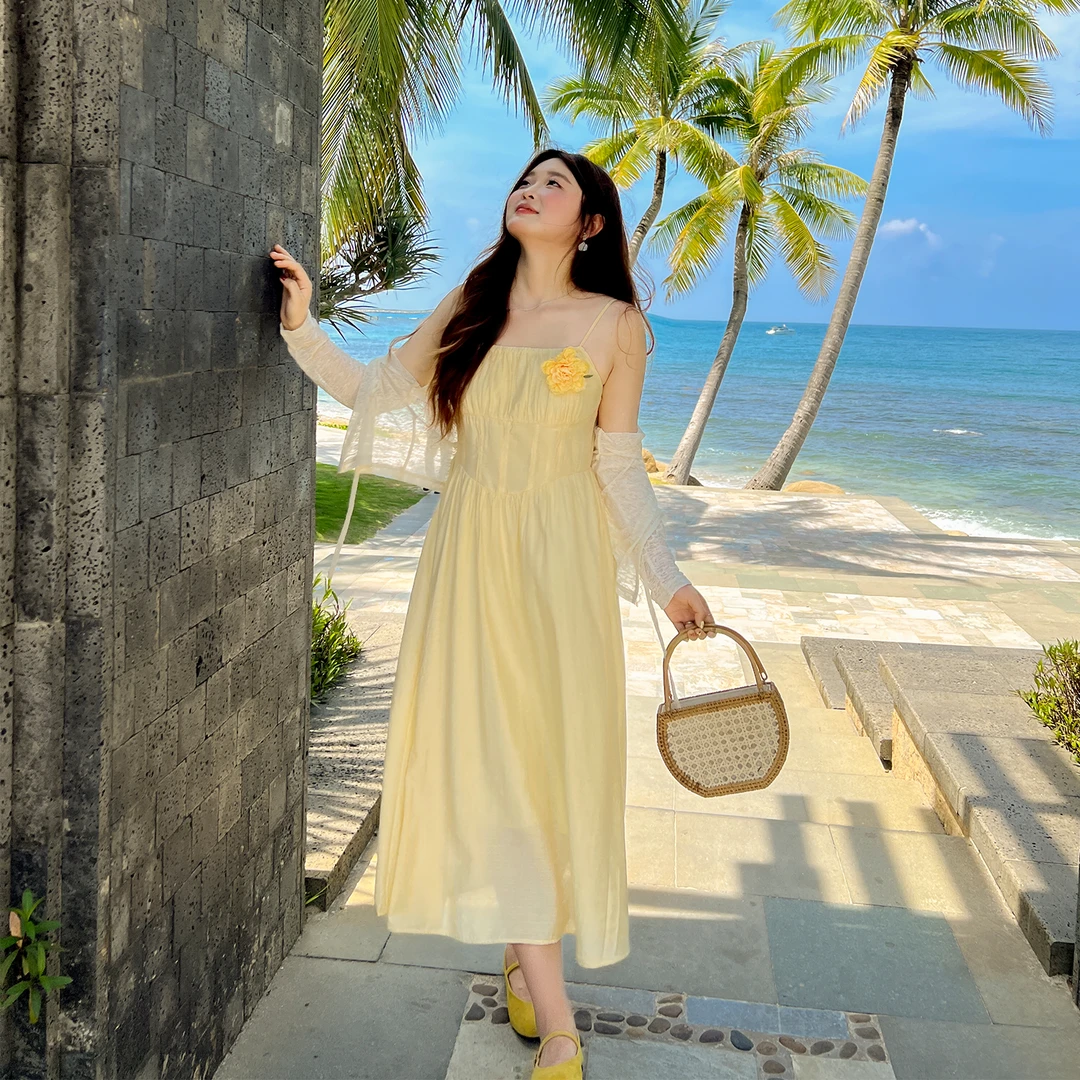 【夏季新品】大码百分百气质百搭收腰显瘦吊带连衣裙0913