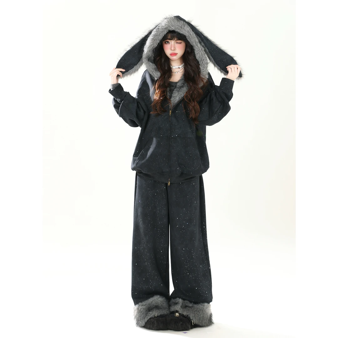 韩系可爱满天星兔耳毛绒爆款2025新款睡衣女冬款慵懒家居服套装