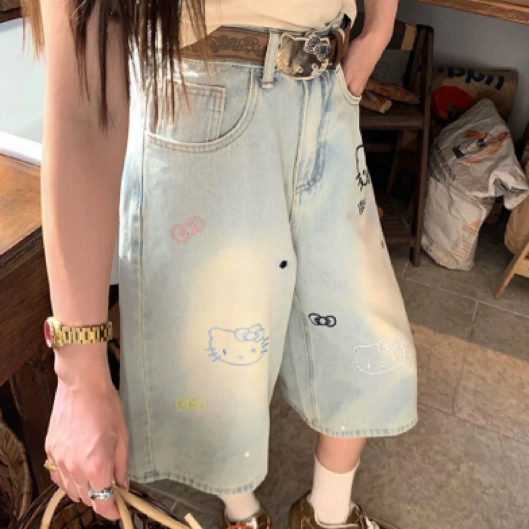 【张开心】TIMi高货！直通天菜 kitty头刺绣七分牛仔设计感直筒裤