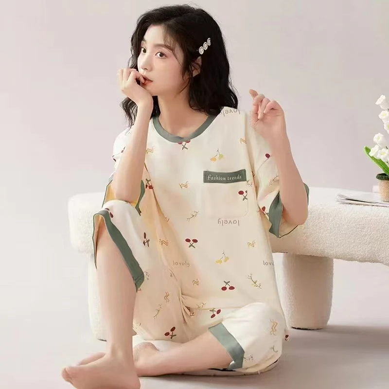 A浪莎品牌新款睡衣女三件套夏季薄款短袖七分裤短裤甜美睡裙家