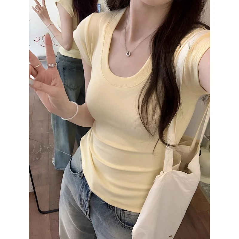 小众U领针织衫正肩短袖t恤女2025夏设计感修身显瘦短款打底衫上衣