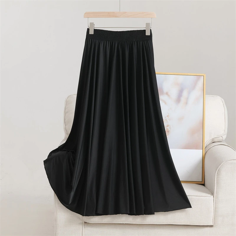 纯色冰丝半身裙夏季薄款洋气妈妈装高腰显瘦中长款松紧腰跳舞裙子