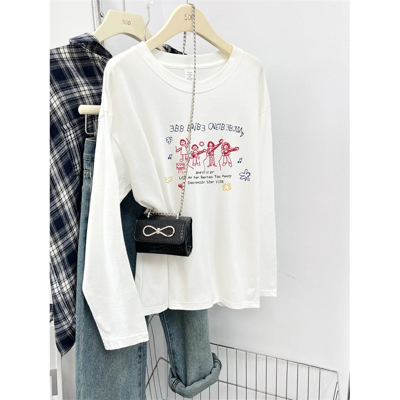 纯棉白色圆领打底衫t恤女秋季2025年新款宽松大码长袖基础款上衣