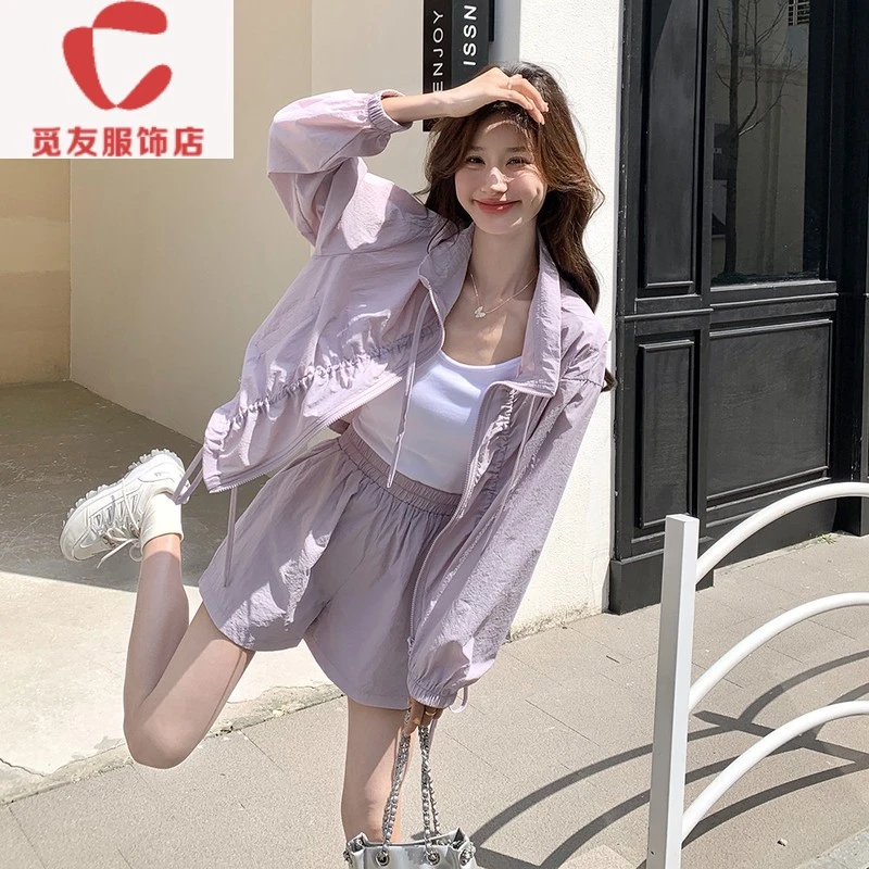 觅友服饰紫粉色洋气减龄套装女2025夏季新款设计感休闲抽褶外套短