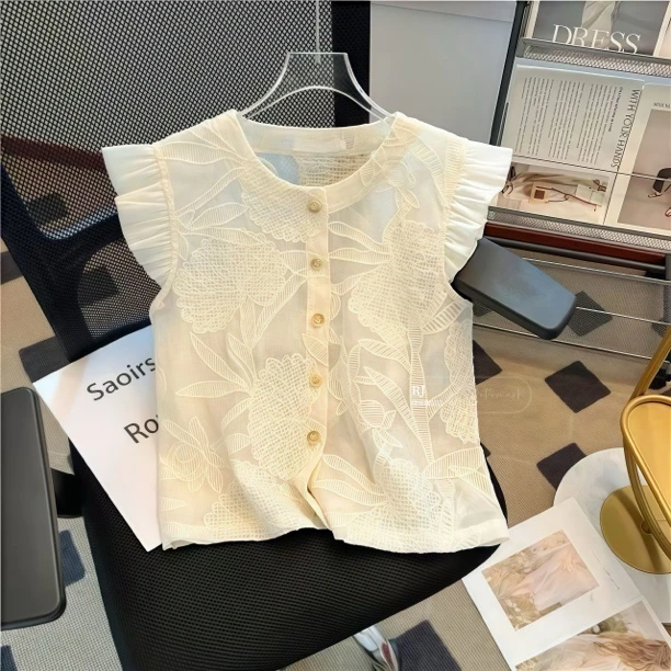 【RJ】重工提花飞袖衬衫夏季香风甜美法式别致小网红洋气炸街女装