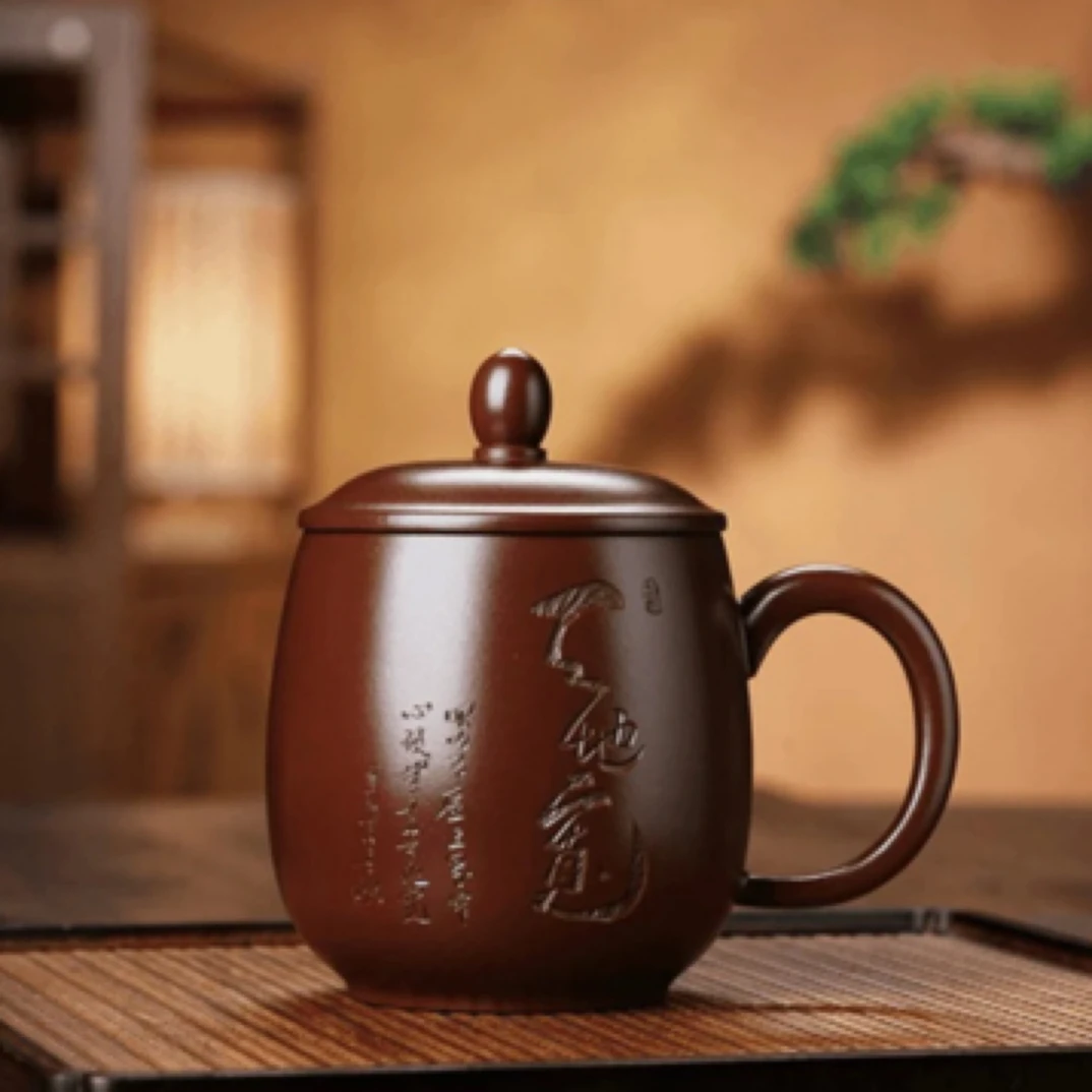 宜兴原矿紫砂全手工龙血砂天地宽盖杯6