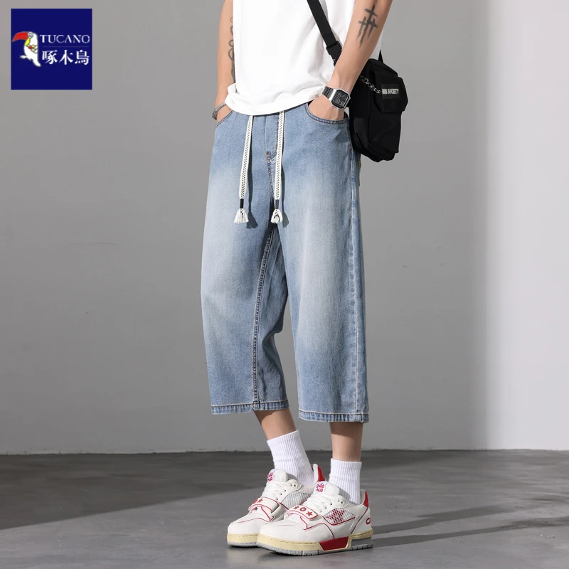 啄木鸟2025夏季新款七分牛仔裤男美式复古宽松直筒天丝运动休闲裤