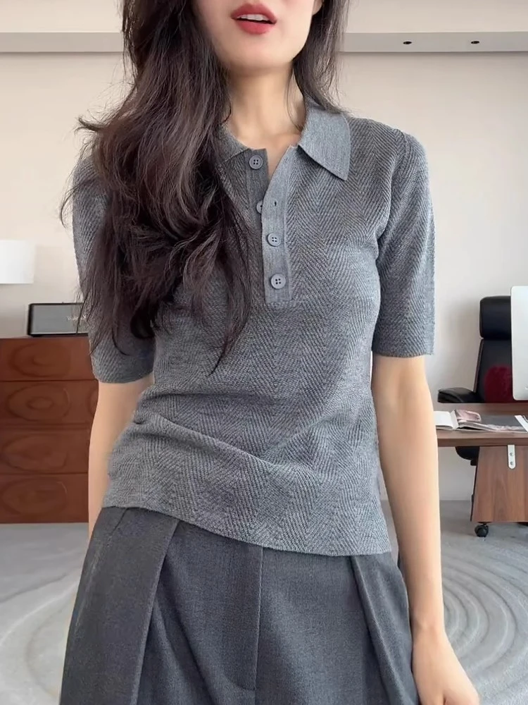 法式灰色Polo领短袖针织衫女2025夏季新款高级感t恤百搭显瘦上衣