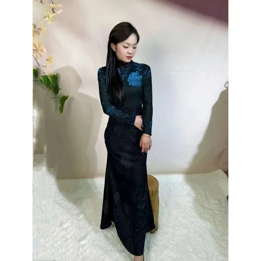 Q07缘织裳旗袍原创自制秋冬针织丝绒立体花复古气质长款鱼尾裙