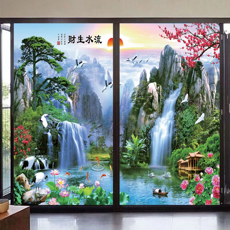 山水画静电透光不透明贴纸客厅窗花防走光免胶浴室卫生间玻璃贴膜