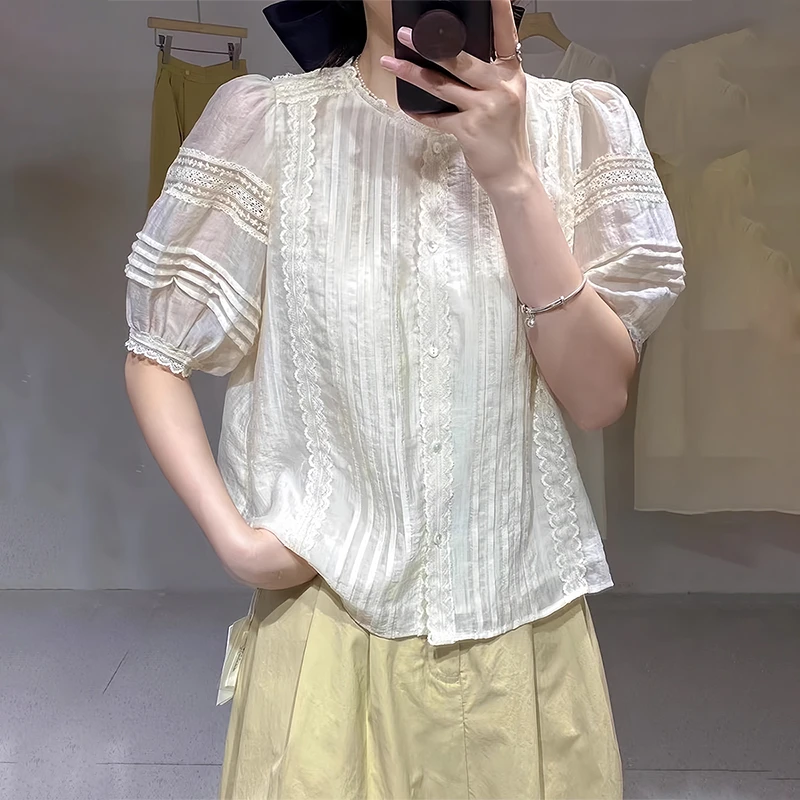 正品法式薄款蕾丝边短袖衬衫女2025春夏新款小众设计感泡泡袖衬衣