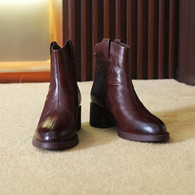法式牛皮短靴2025秋冬新款粗跟显瘦百搭英伦风HG668