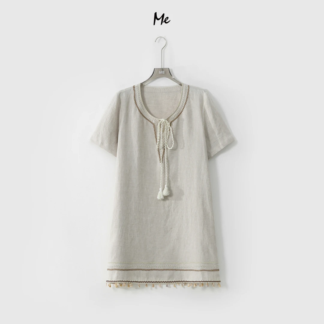 ME【100%亚麻民族流苏裙】手工刺绣显瘦时尚一手长连衣裙MESS5243