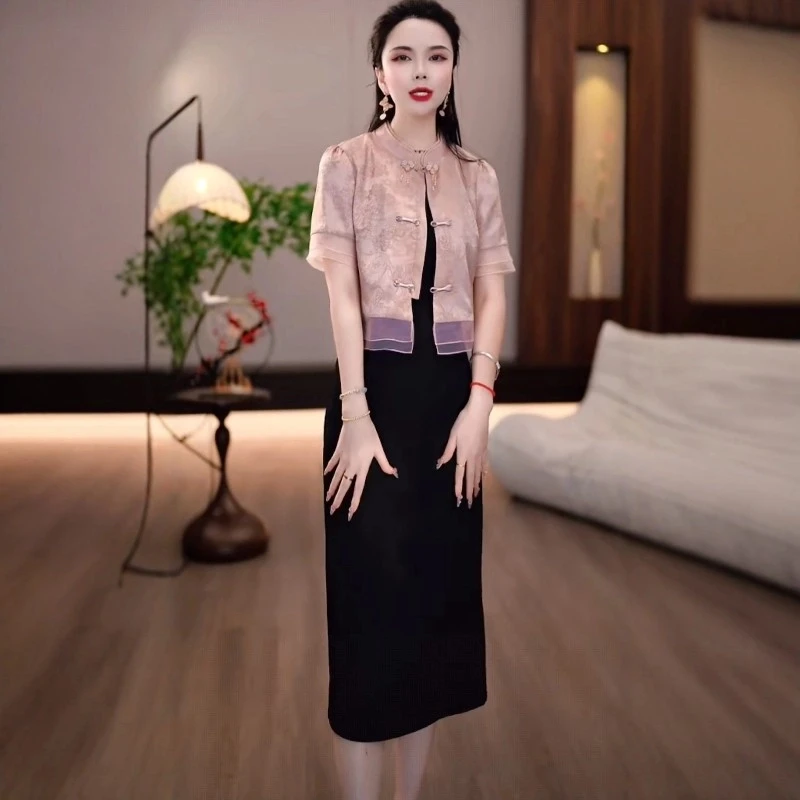 2025夏季中式盘扣粉色缎面拼纱短袖小衫背心连衣裙两件套
