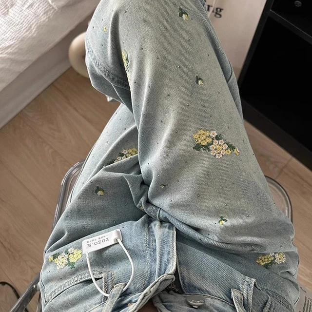 夏季国风刺绣高腰牛仔裤女大码胖mm宽松显瘦新款碎花烫钻阔腿长裤