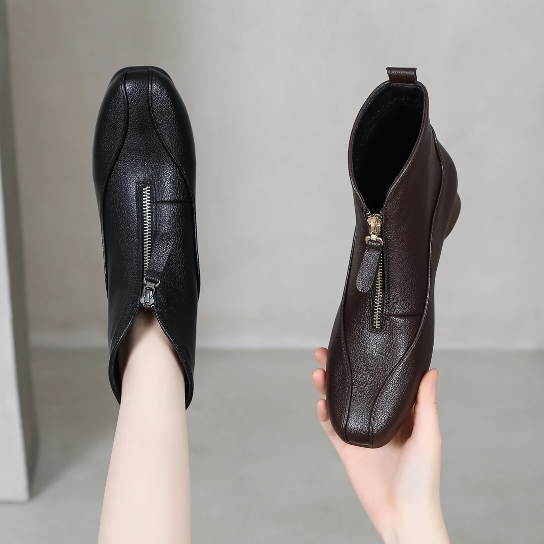 英伦防滑中跟方头短靴黑色小靴子粗跟冬季打腊拉链818