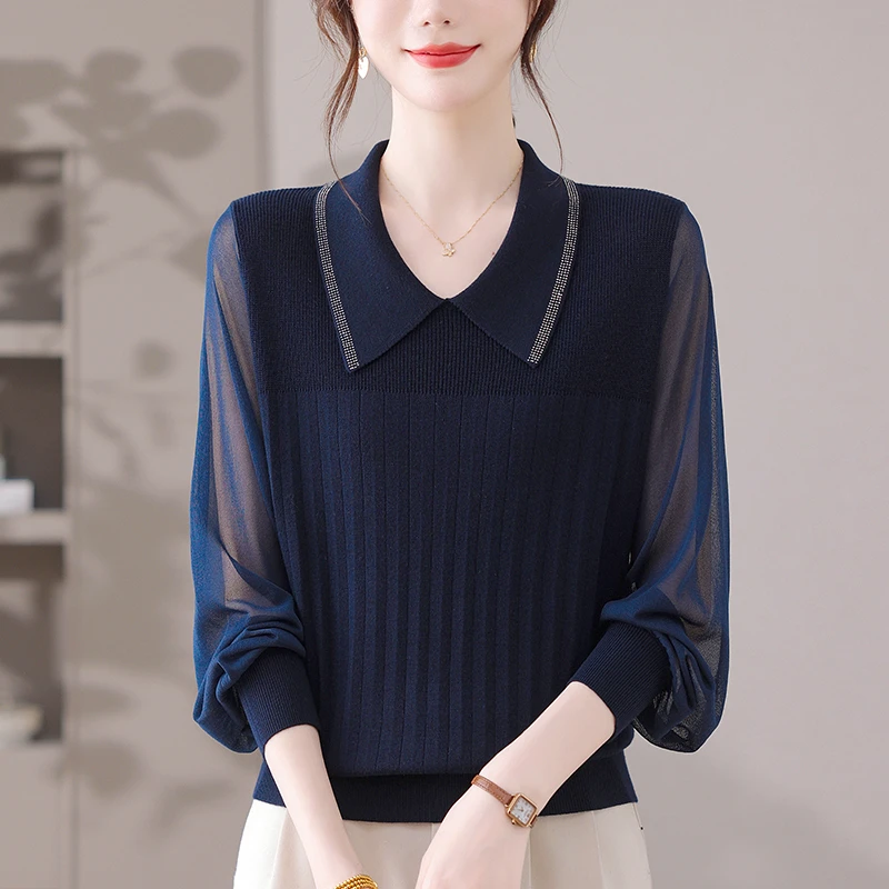 娃娃领上衣女秋装大码烫钻针织衫宽松显瘦遮肉春秋洋气蕾丝打底衫