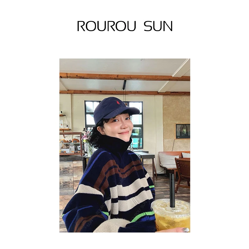 22393早秋款女装复古高级感彩虹条纹立领毛衣女慵懒翻领针织开衫