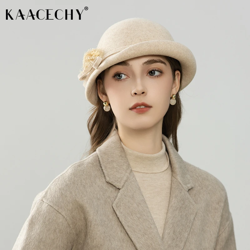 赫本风羊毛礼帽子女2025新款优雅百搭花朵装饰保暖气质羊毛盆帽