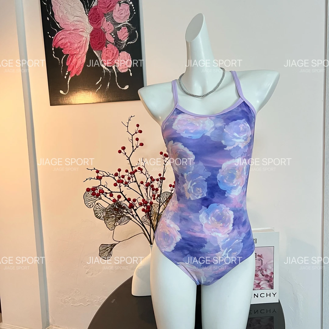 JIAGE-【紫色蔷薇】气质中叉三角身显瘦专业竞速游泳连体泳衣-2517